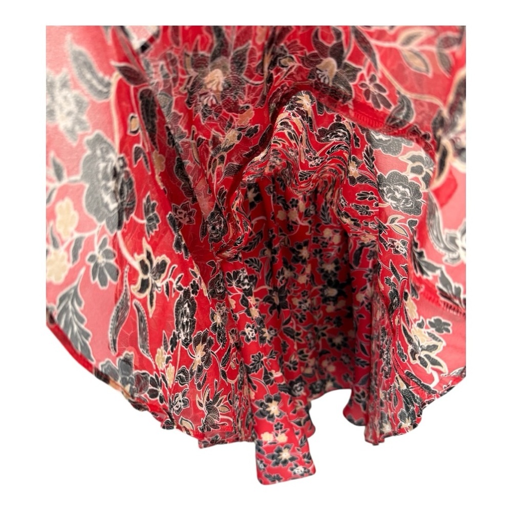Parker Red Black Silk Floral V Neck Dress Mini Smocked Waist Ruffled Mini Dress - Picture 9 of 15